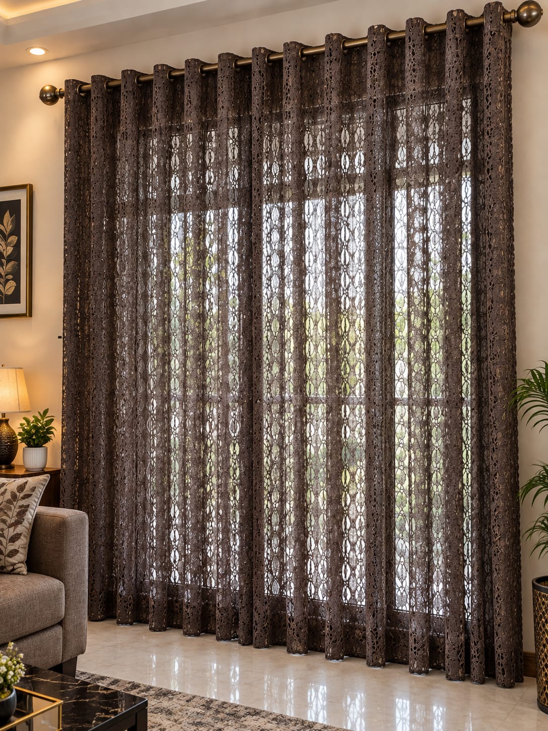 Brown Floral Net Curtains